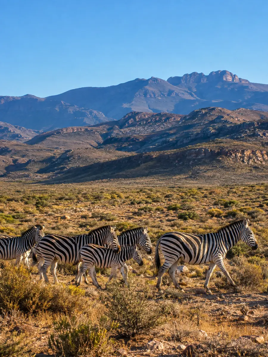 Eine Zebraherde quert das Buschland der Karoo unter gestaffelten Bergen